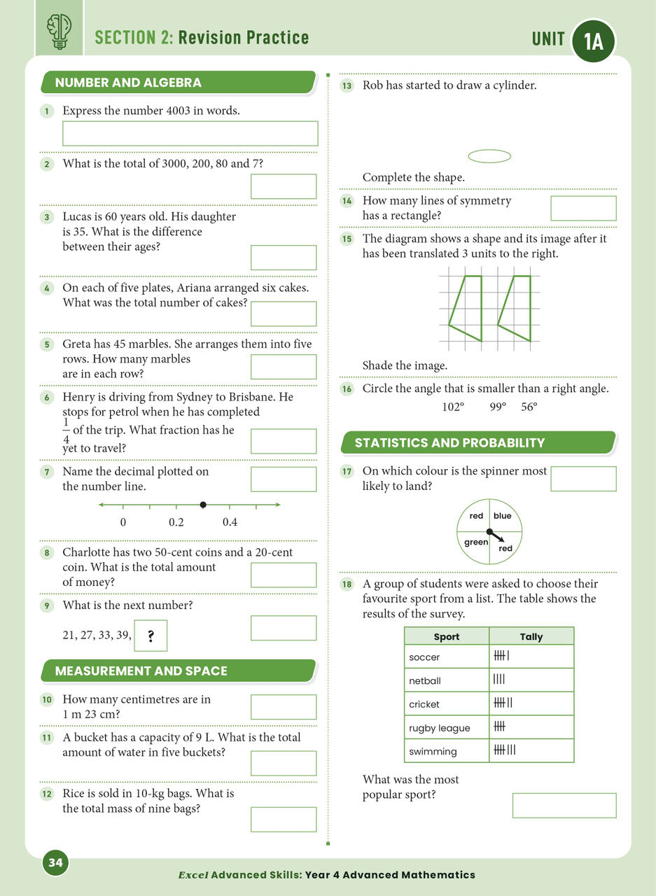 Sample interior page from the Excel Advanced Skills Advanced Mathematics Year 4 workbook showing extension maths questions as shown in the Pascal Press gallery