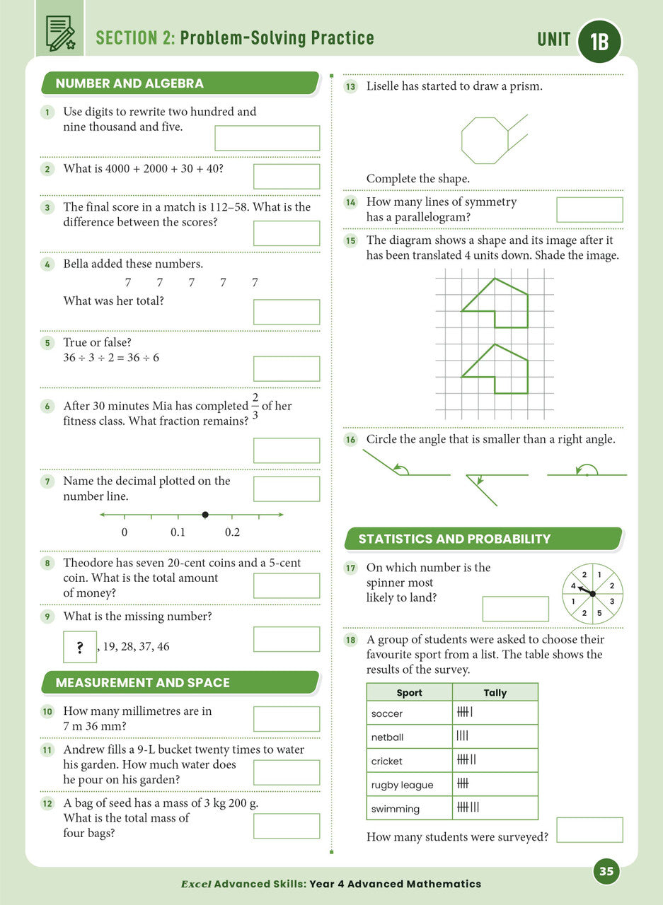 Sample interior page from the Excel Advanced Skills Advanced Mathematics Year 4 workbook showing extension maths questions as shown in the Pascal Press gallery
