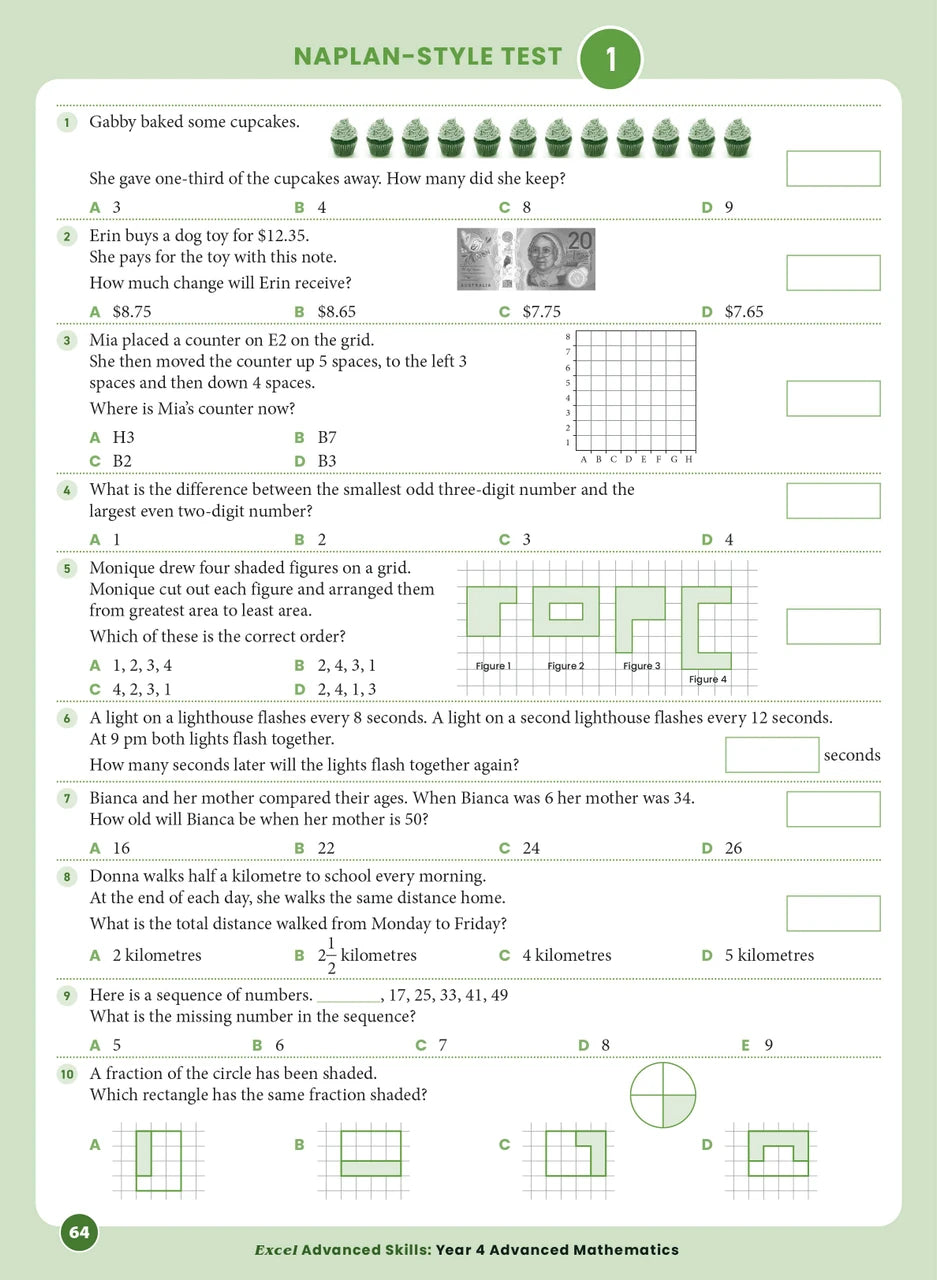 Sample interior page from the Excel Advanced Skills Advanced Mathematics Year 4 workbook showing extension maths questions as shown in the Pascal Press gallery