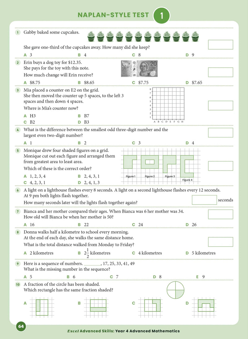 Sample interior page from the Excel Advanced Skills Advanced Mathematics Year 4 workbook showing extension maths questions as shown in the Pascal Press gallery