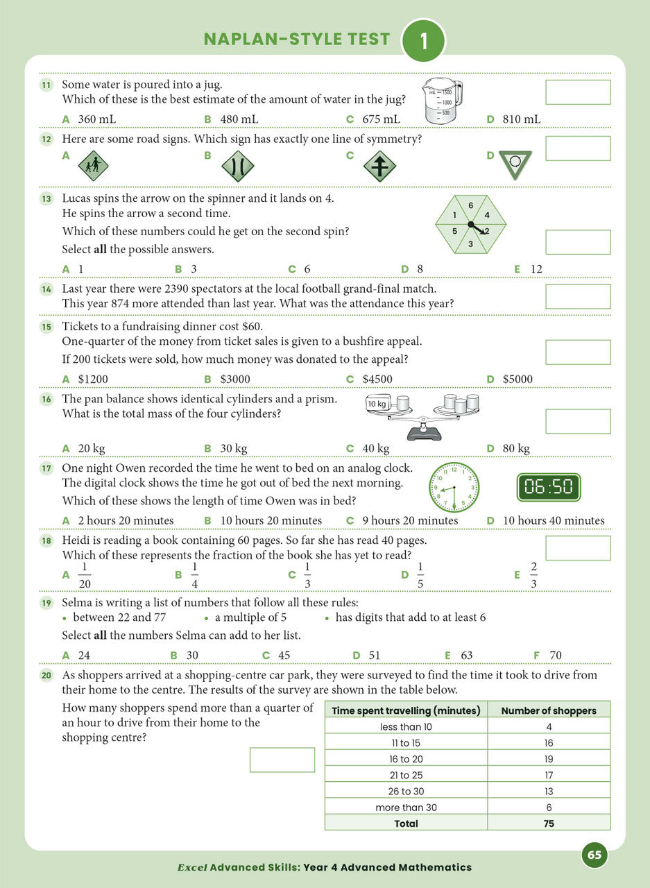 Sample interior page from the Excel Advanced Skills Advanced Mathematics Year 4 workbook showing extension maths questions as shown in the Pascal Press gallery