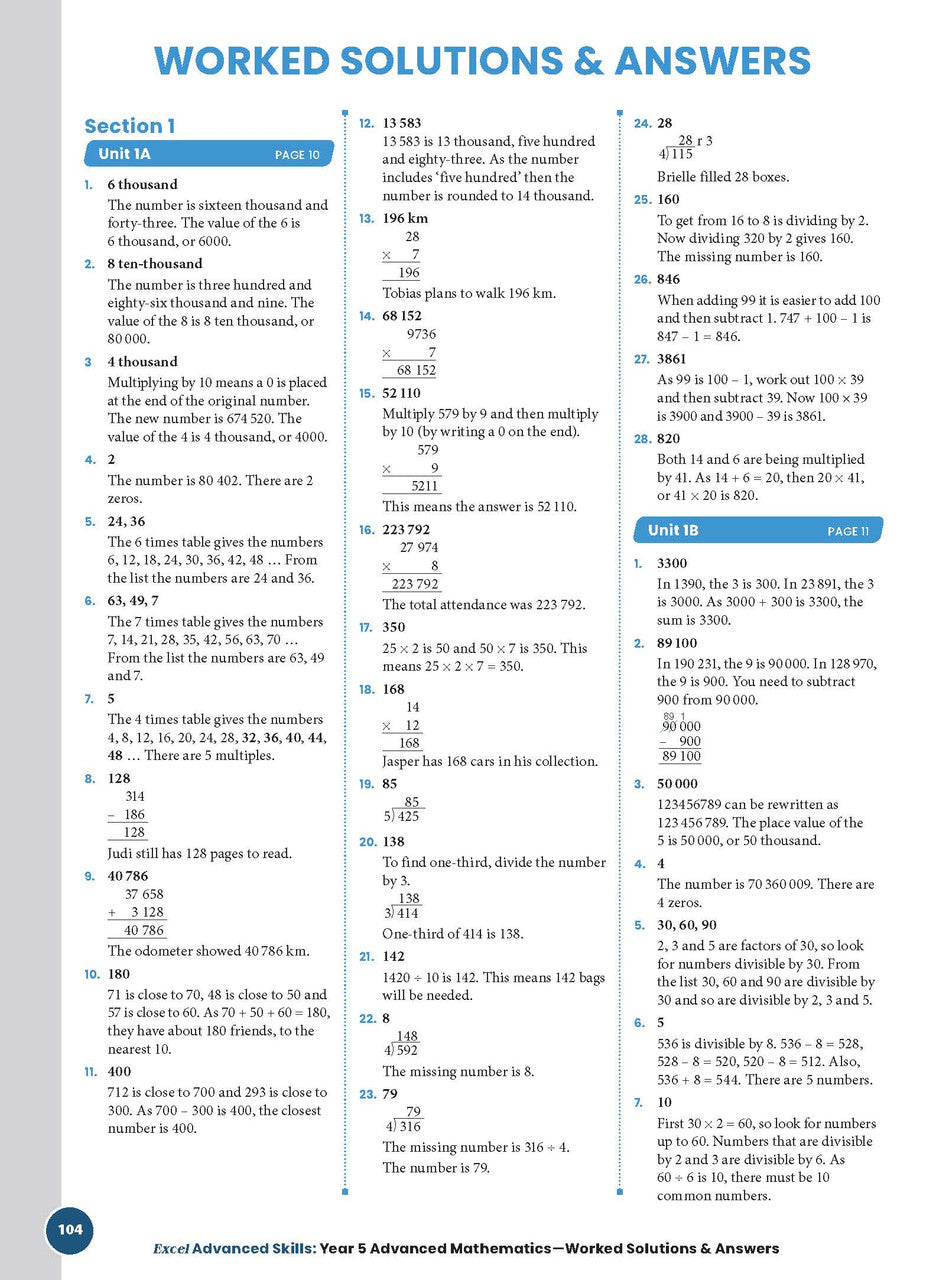Sample interior page from the Excel Advanced Skills Advanced Mathematics Year 5 workbook showing extension maths questions as shown in the Pascal Press gallery