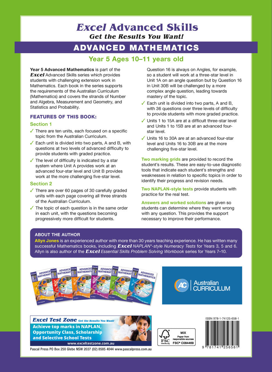 Back cover of the Excel Advanced Skills Advanced Mathematics Year 5 workbook as shown in the Pascal Press gallery
