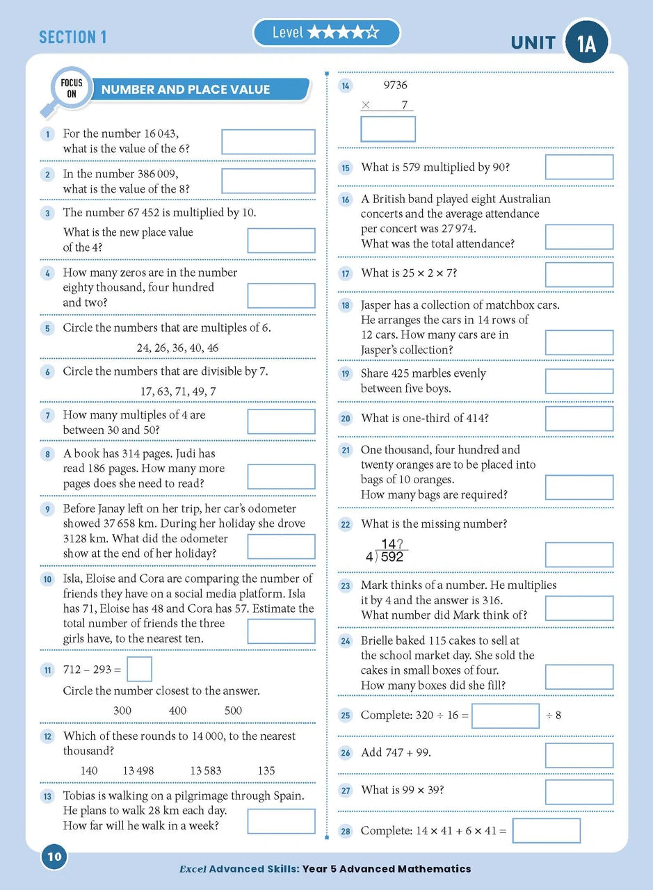 Sample interior page from the Excel Advanced Skills Advanced Mathematics Year 5 workbook showing extension maths questions as shown in the Pascal Press gallery