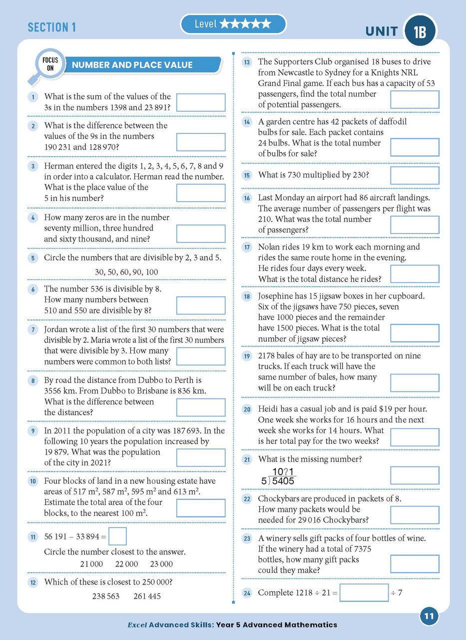 Sample interior page from the Excel Advanced Skills Advanced Mathematics Year 5 workbook showing extension maths questions as shown in the Pascal Press gallery
