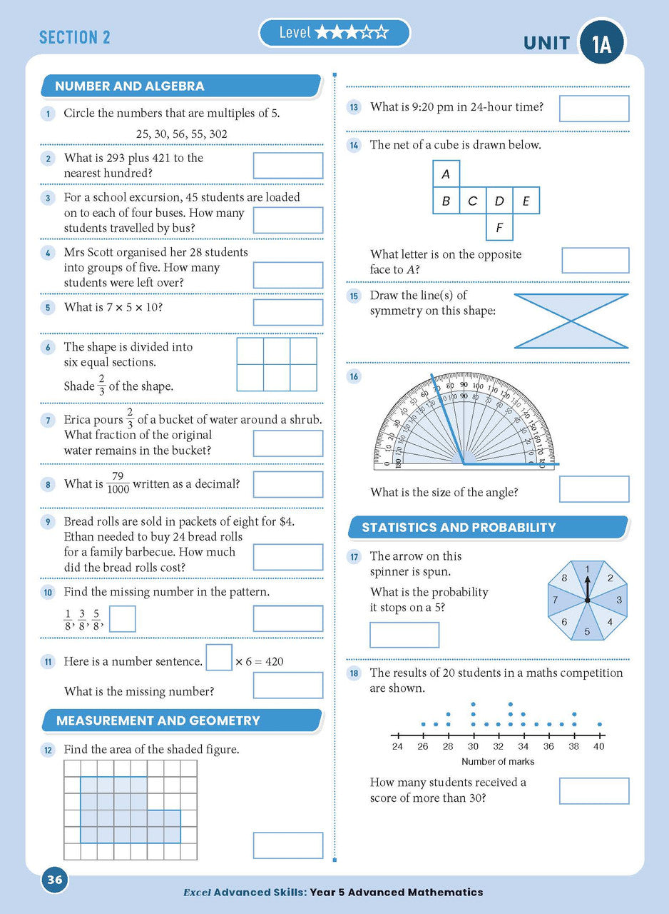 Sample interior page from the Excel Advanced Skills Advanced Mathematics Year 5 workbook showing extension maths questions as shown in the Pascal Press gallery