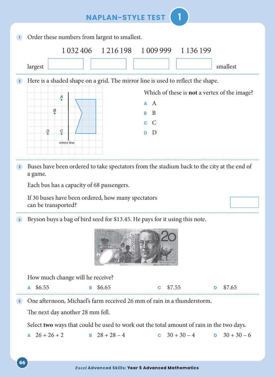 Sample interior page from the Excel Advanced Skills Advanced Mathematics Year 5 workbook showing extension maths questions as shown in the Pascal Press gallery