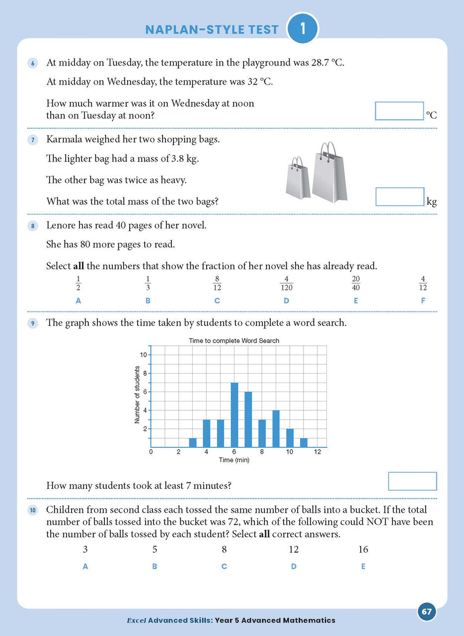 Sample interior page from the Excel Advanced Skills Advanced Mathematics Year 5 workbook showing extension maths questions as shown in the Pascal Press gallery