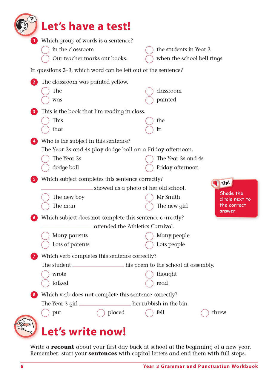 Sample interior page 6 from Excel Grammar and Punctuation Workbook Year 3 showing the workbook's English activities and questions