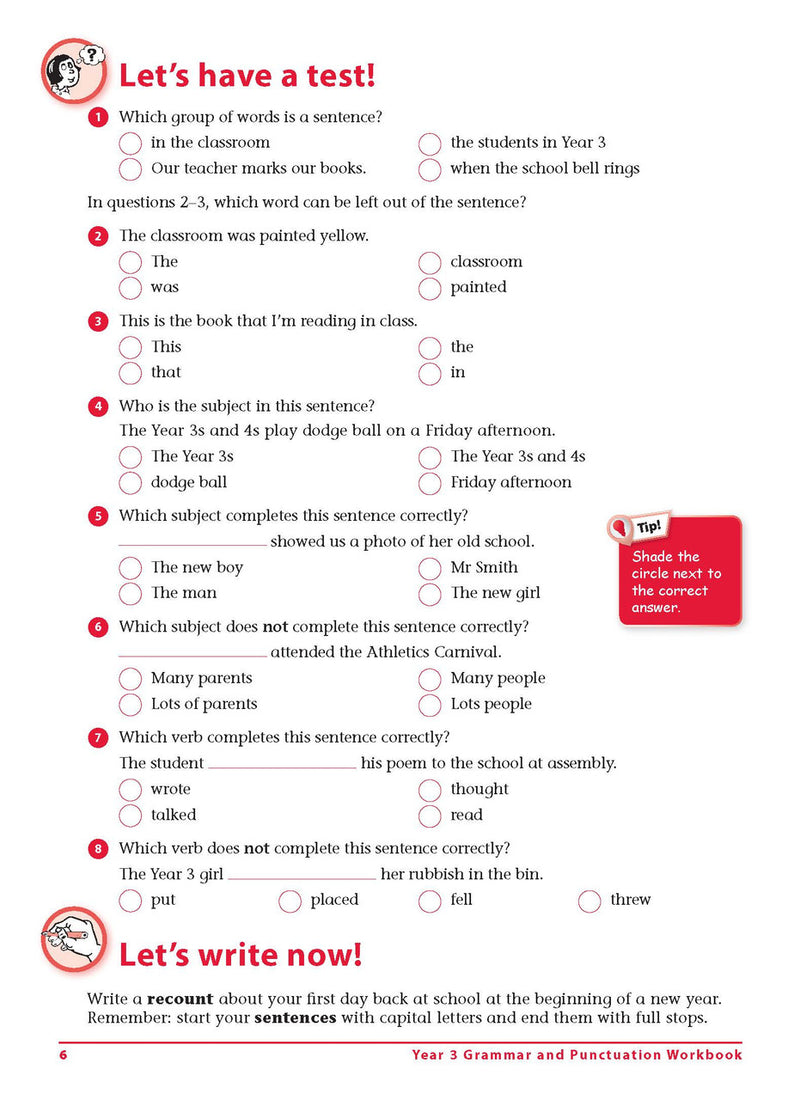 Sample interior page 6 from Excel Grammar and Punctuation Workbook Year 3 showing the workbook's English activities and questions