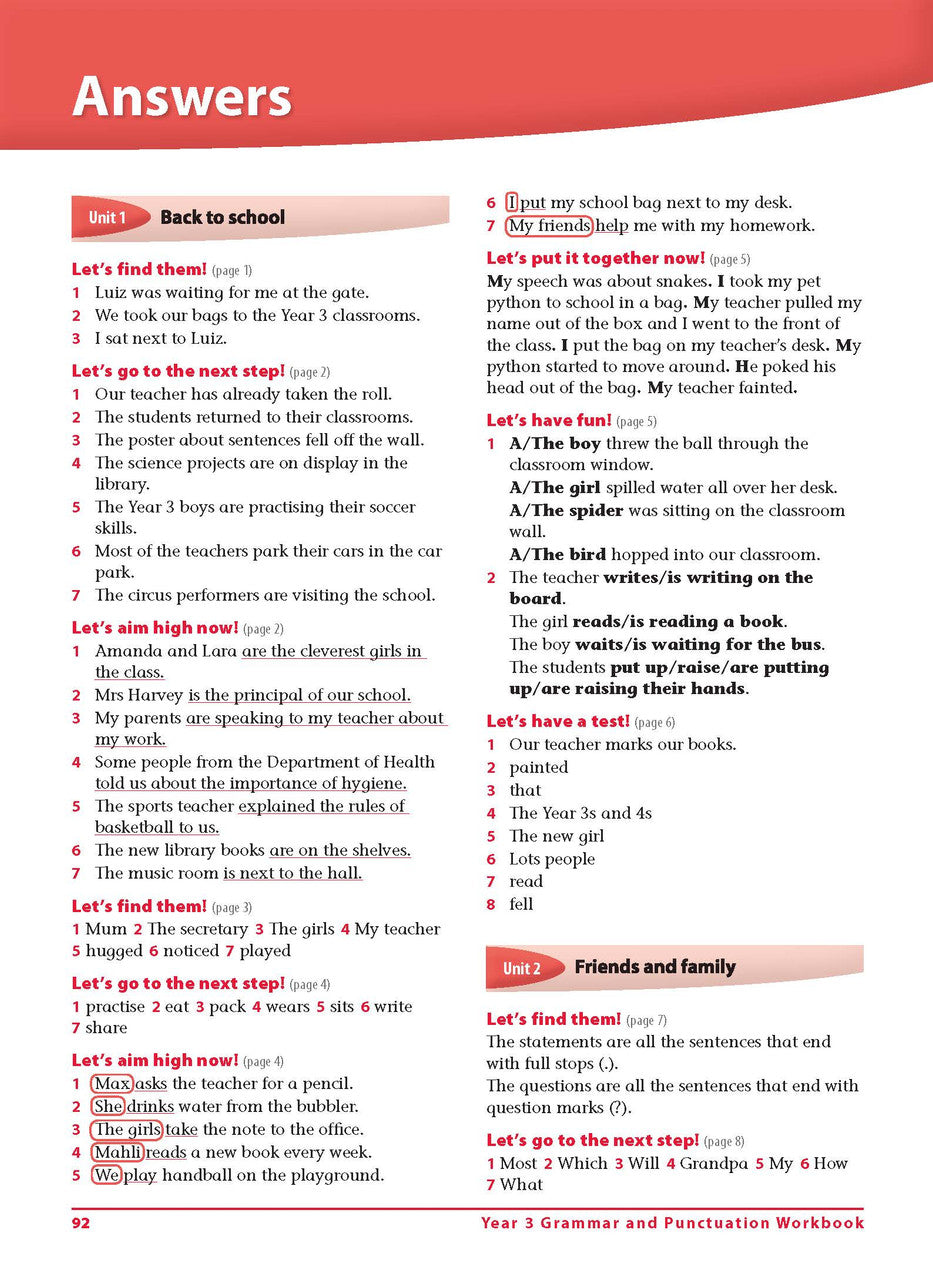 Sample interior page 92 from Excel Grammar and Punctuation Workbook Year 3 showing the workbook's English activities and questions