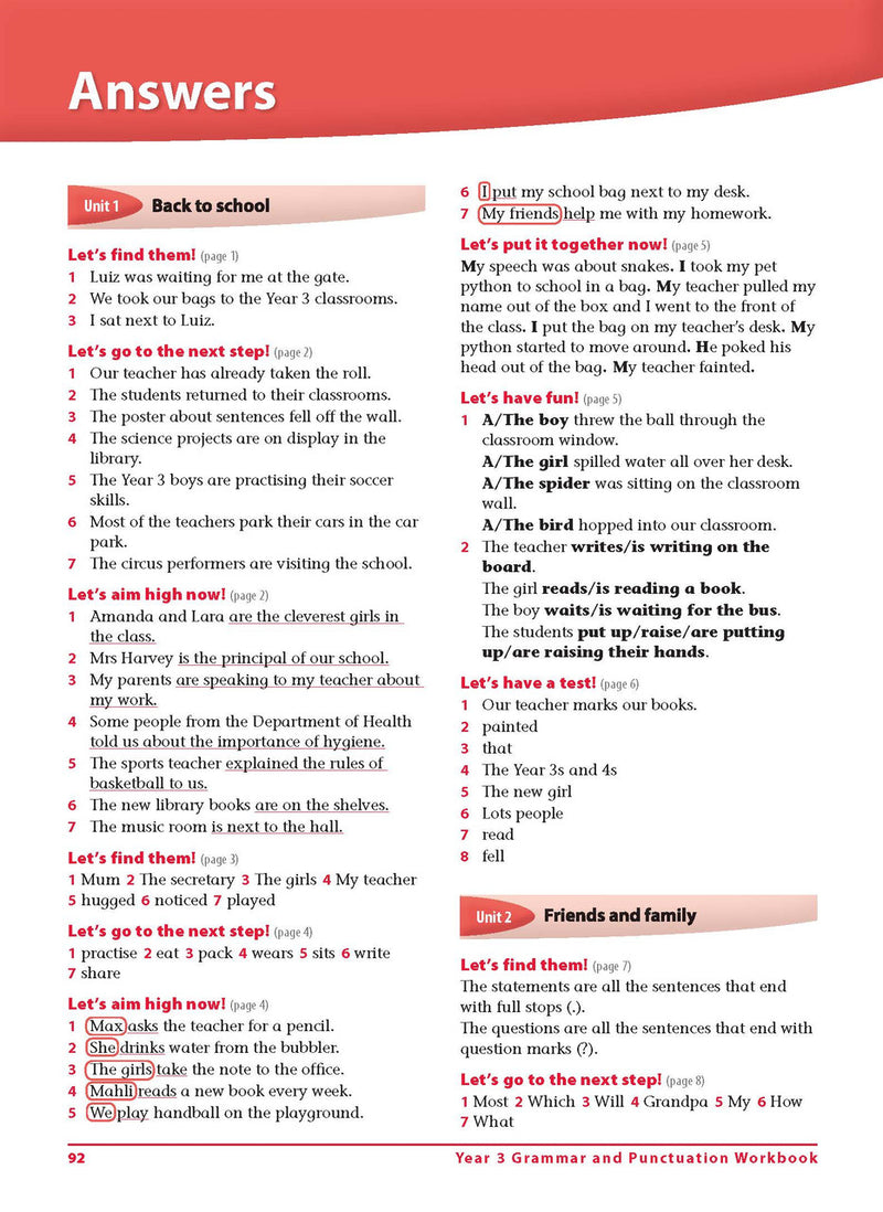 Sample interior page 92 from Excel Grammar and Punctuation Workbook Year 3 showing the workbook's English activities and questions