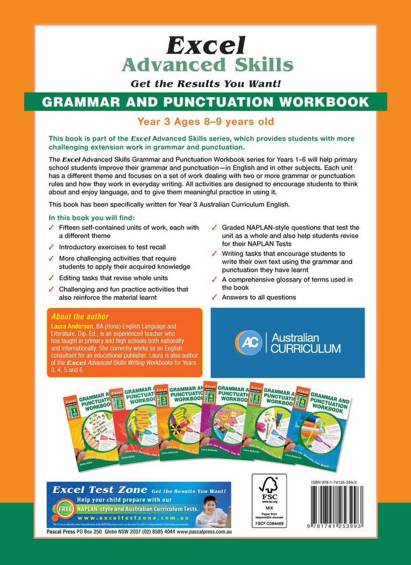 Back cover of Excel Grammar and Punctuation Workbook Year 3 with the publisher's summary of what the workbook covers