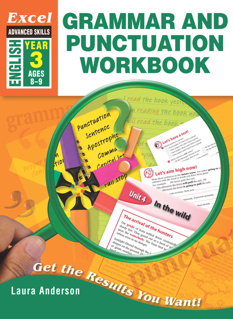 Front cover of Excel Grammar and Punctuation Workbook Year 3, showing the Excel Advanced Skills series branding, title and year level