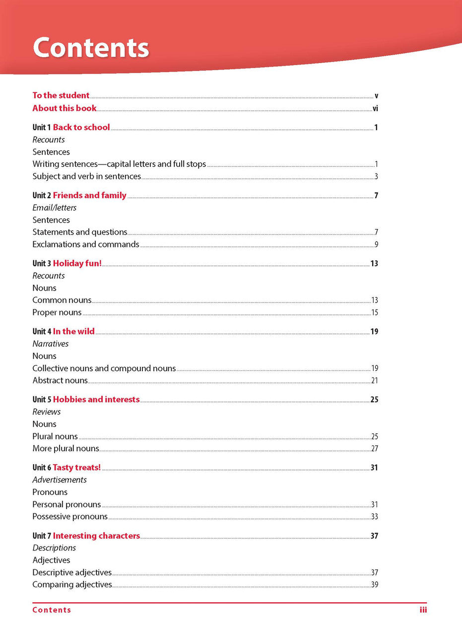 Contents page iii of Excel Grammar and Punctuation Workbook Year 3 listing the themed units, glossary and answers section