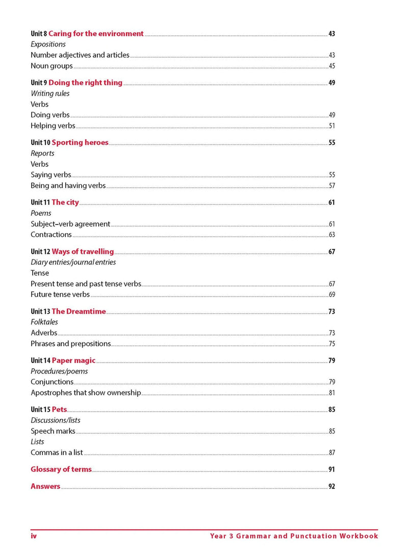 Contents page iv of Excel Grammar and Punctuation Workbook Year 3 listing the themed units, glossary and answers section