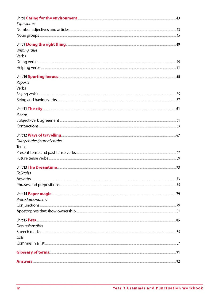 Contents page iv of Excel Grammar and Punctuation Workbook Year 3 listing the themed units, glossary and answers section