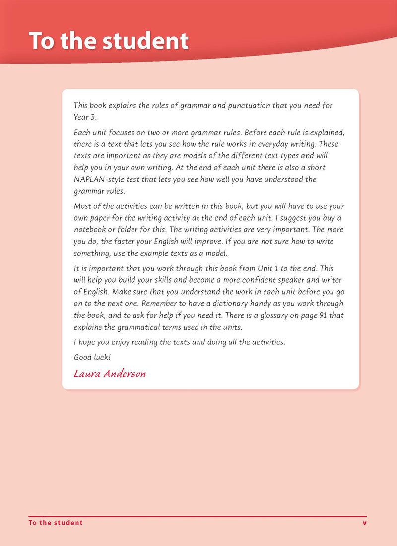 Front-section page v of Excel Grammar and Punctuation Workbook Year 3, part of the introductory pages that come before the themed units