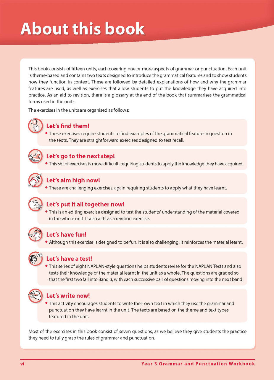 Front-section page vi of Excel Grammar and Punctuation Workbook Year 3, part of the introductory pages that come before the themed units