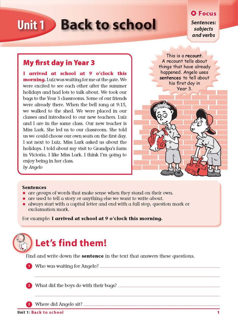 Sample interior page 1 from Excel Grammar and Punctuation Workbook Year 3 showing the workbook's English activities and questions