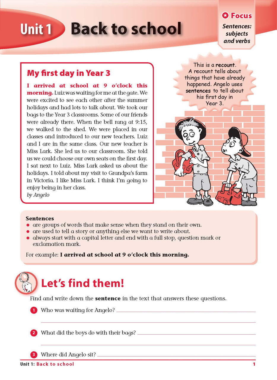 Sample interior page 1 from Excel Grammar and Punctuation Workbook Year 3 showing the workbook's English activities and questions
