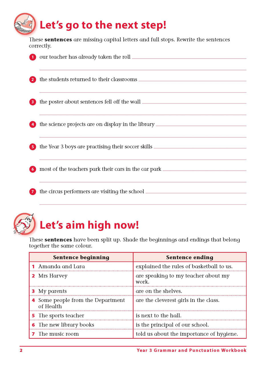 Sample interior page 2 from Excel Grammar and Punctuation Workbook Year 3 showing the workbook's English activities and questions