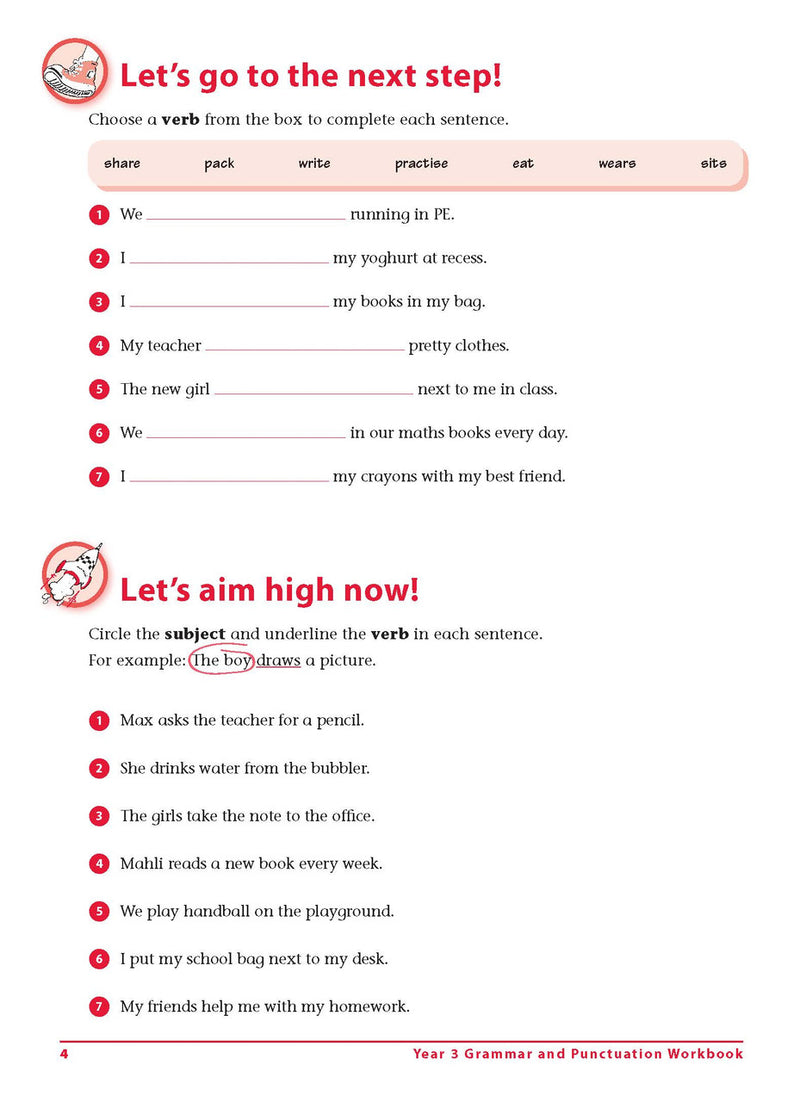 Sample interior page 4 from Excel Grammar and Punctuation Workbook Year 3 showing the workbook's English activities and questions