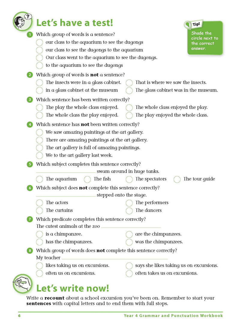 Sample interior page 6 from Excel Grammar and Punctuation Workbook Year 4 showing the workbook's English activities and questions