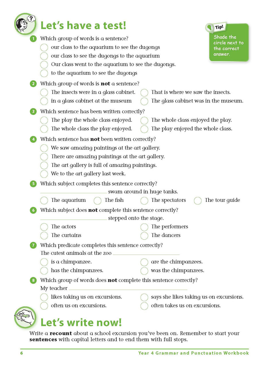 Sample interior page 6 from Excel Grammar and Punctuation Workbook Year 4 showing the workbook's English activities and questions