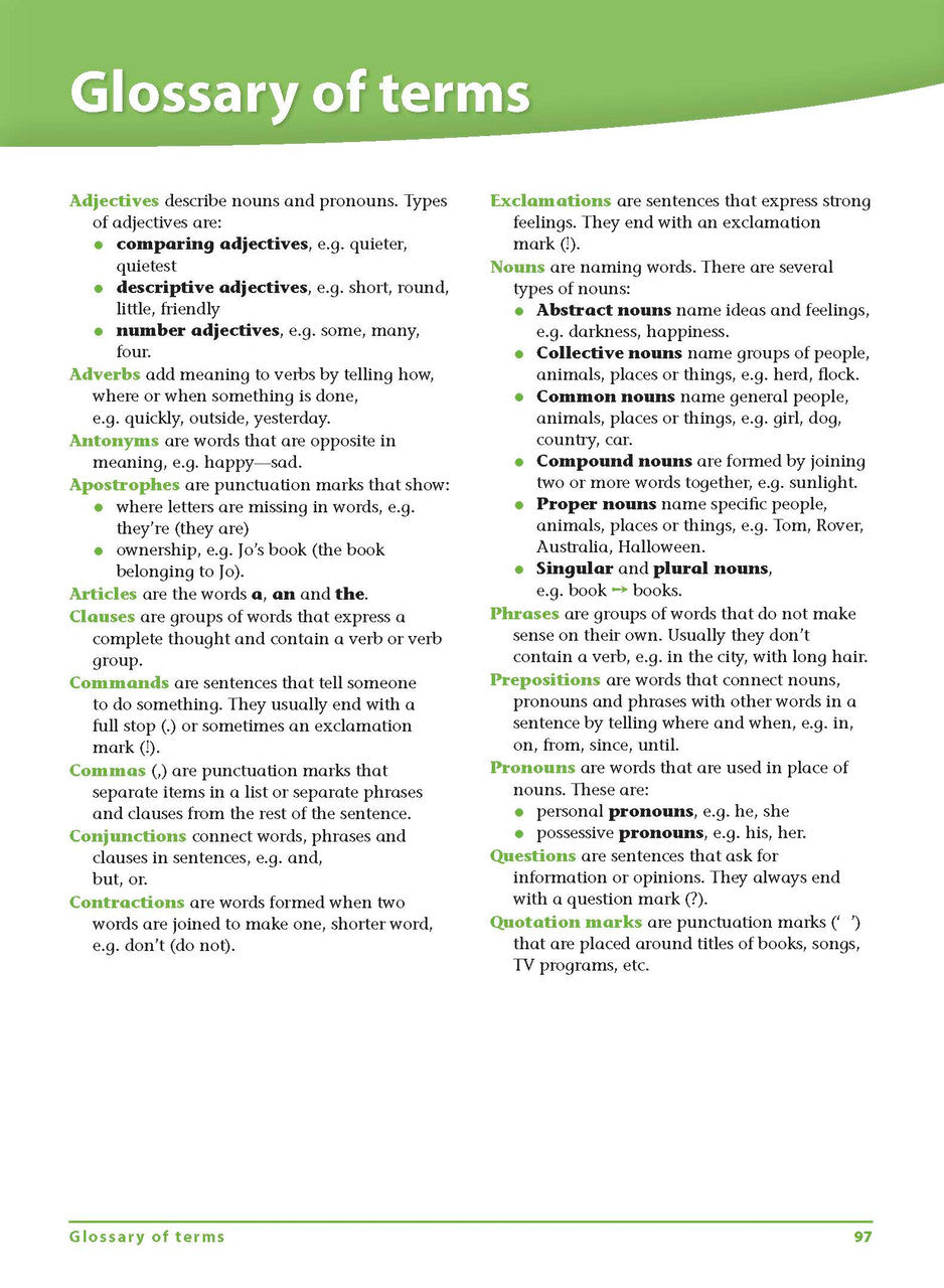 Sample interior page 97 from Excel Grammar and Punctuation Workbook Year 4 showing the workbook's English activities and questions