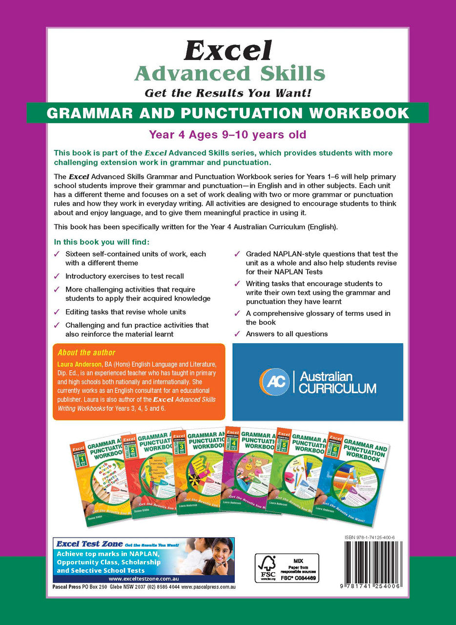 Back cover of Excel Grammar and Punctuation Workbook Year 4 with the publisher's summary of what the workbook covers