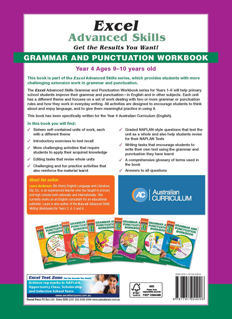 Back cover of Excel Grammar and Punctuation Workbook Year 4 with the publisher's summary of what the workbook covers
