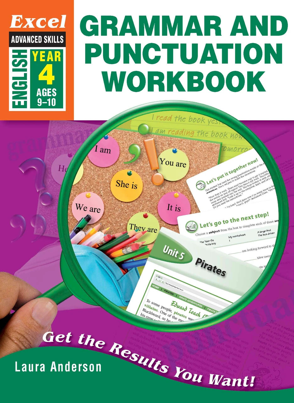 Front cover of Excel Grammar and Punctuation Workbook Year 4, showing the Excel Advanced Skills series branding, title and year level
