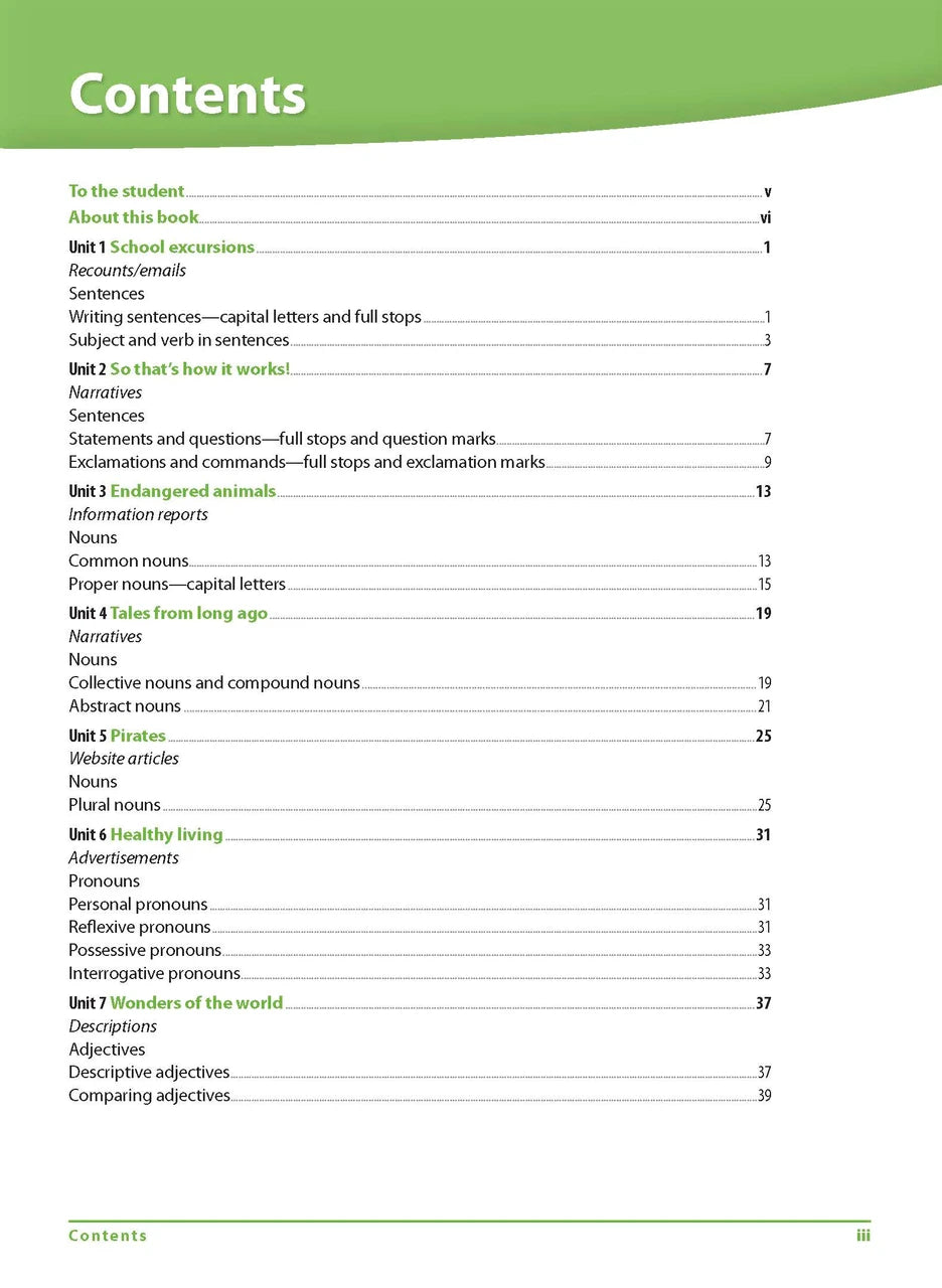 Contents page iii of Excel Grammar and Punctuation Workbook Year 4 listing the themed units, glossary and answers section