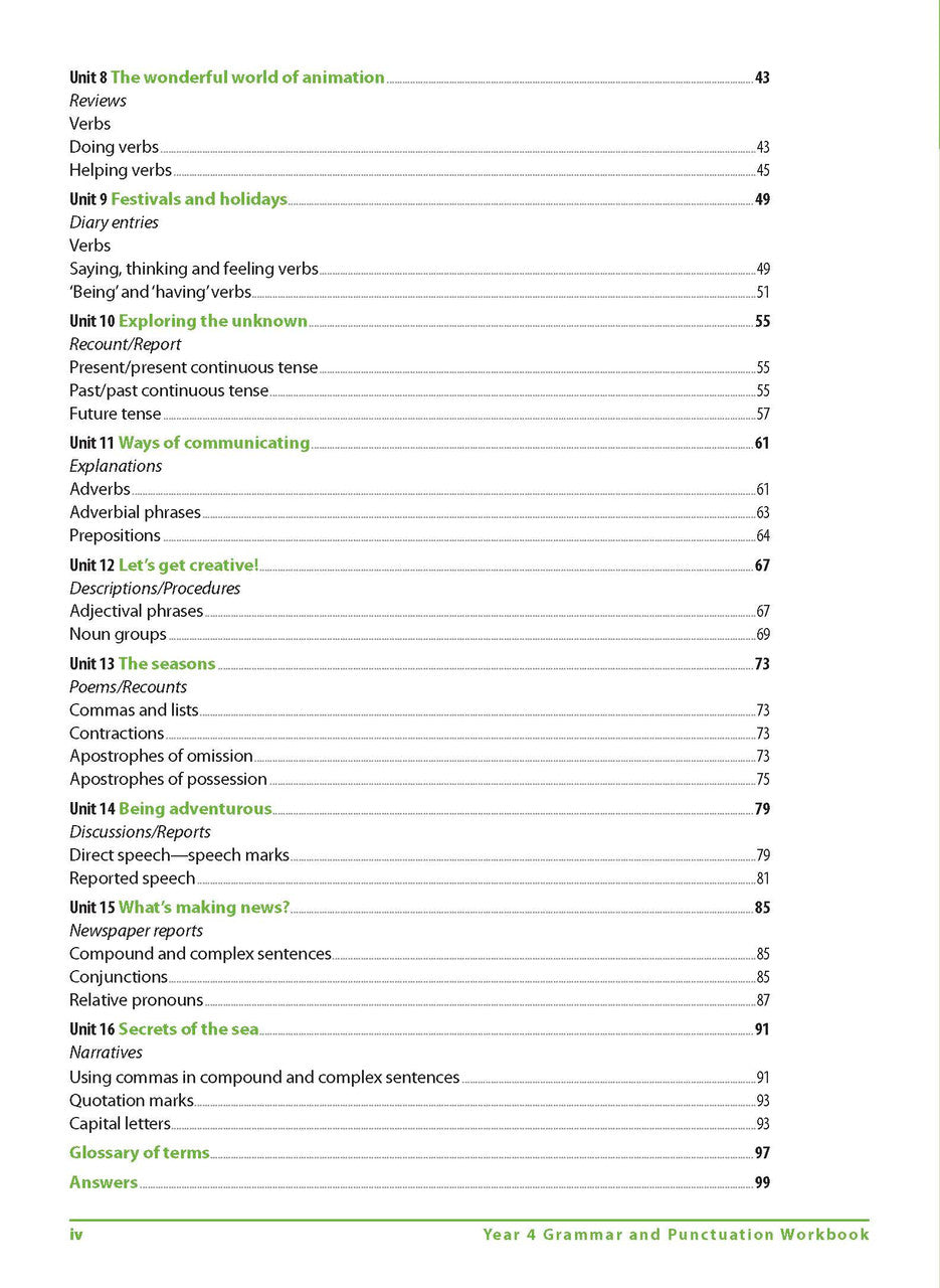 Contents page iv of Excel Grammar and Punctuation Workbook Year 4 listing the themed units, glossary and answers section