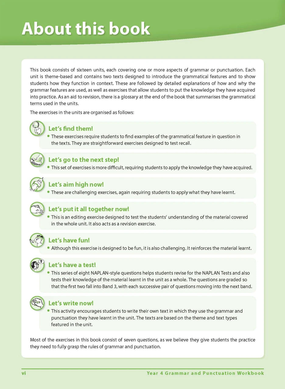 Front-section page vi of Excel Grammar and Punctuation Workbook Year 4, part of the introductory pages that come before the themed units