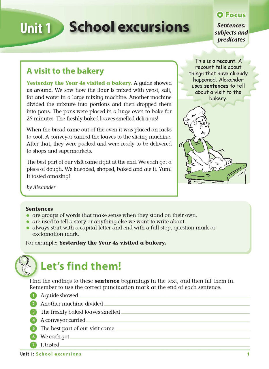 Sample interior page 1 from Excel Grammar and Punctuation Workbook Year 4 showing the workbook's English activities and questions