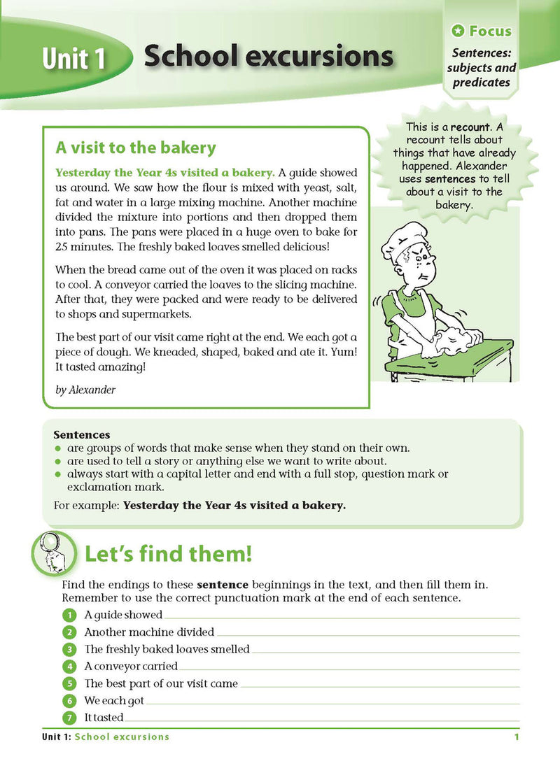 Sample interior page 1 from Excel Grammar and Punctuation Workbook Year 4 showing the workbook's English activities and questions