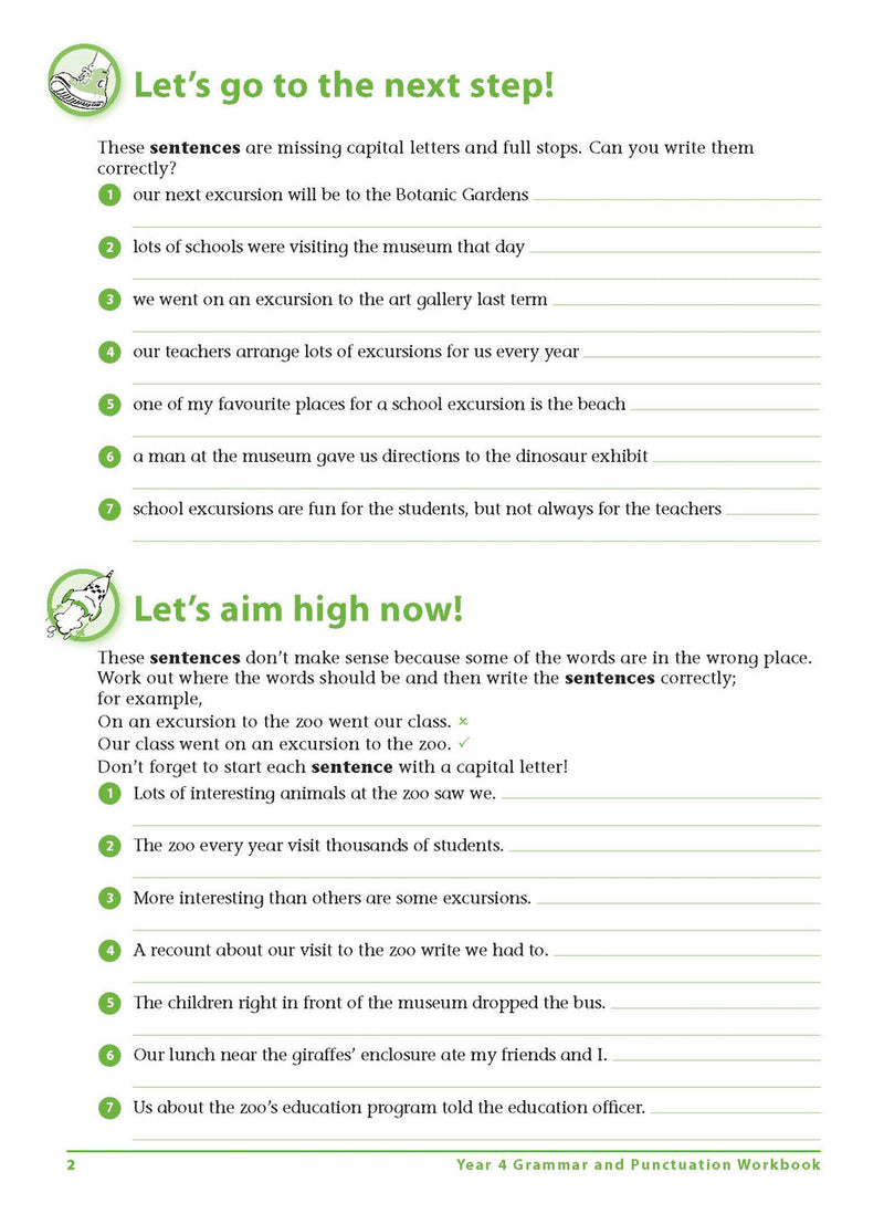 Sample interior page 2 from Excel Grammar and Punctuation Workbook Year 4 showing the workbook's English activities and questions