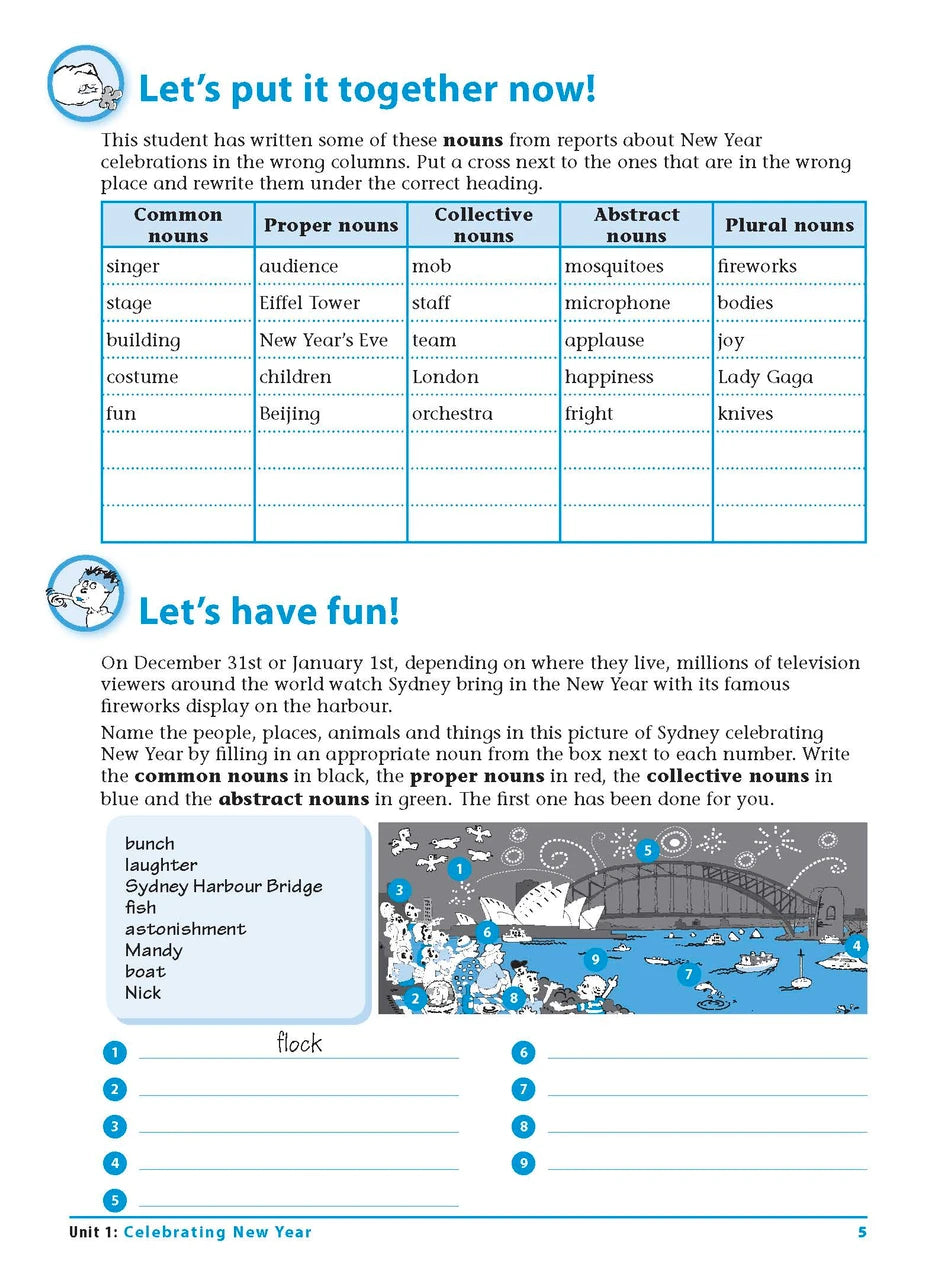 Sample interior page 5 from Excel Grammar and Punctuation Workbook Year 5 showing the workbook's English activities and questions