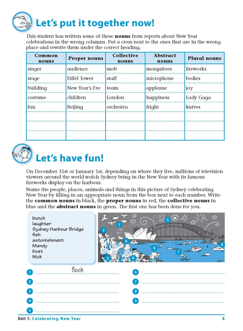 Sample interior page 5 from Excel Grammar and Punctuation Workbook Year 5 showing the workbook's English activities and questions