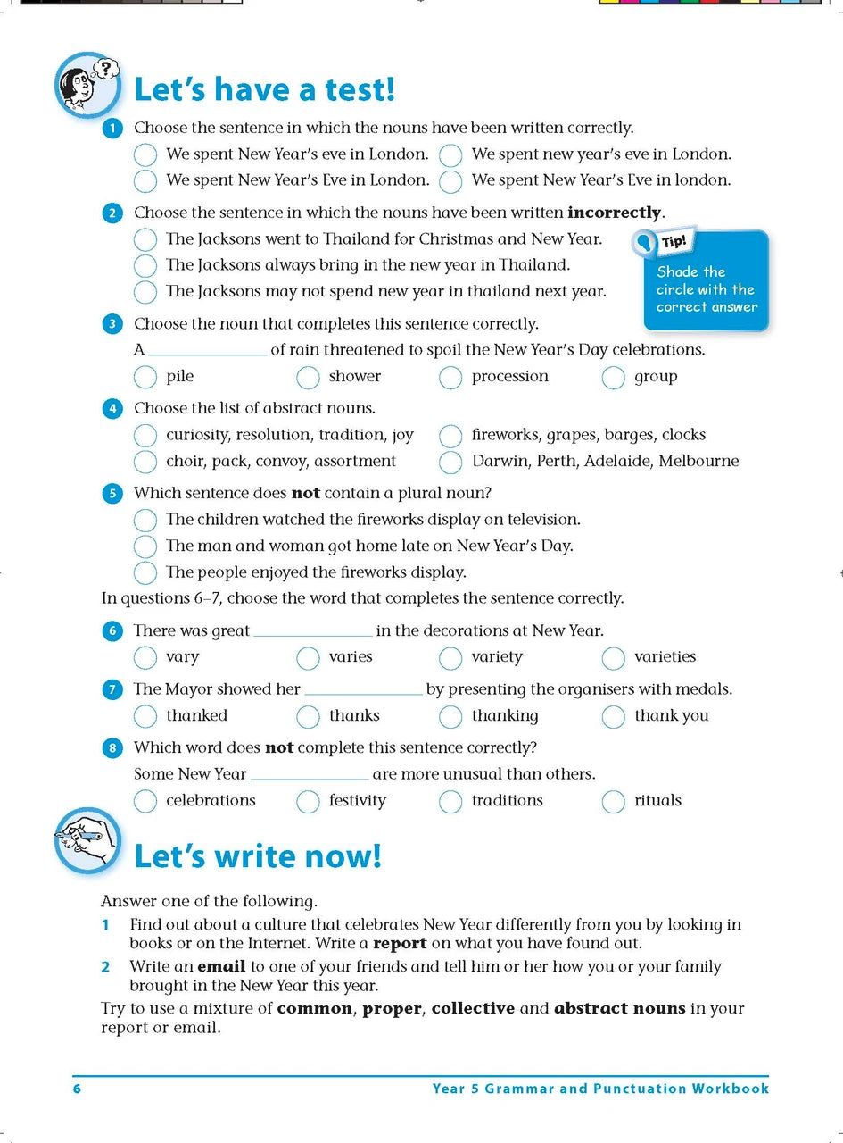 Sample interior page 6 from Excel Grammar and Punctuation Workbook Year 5 showing the workbook's English activities and questions