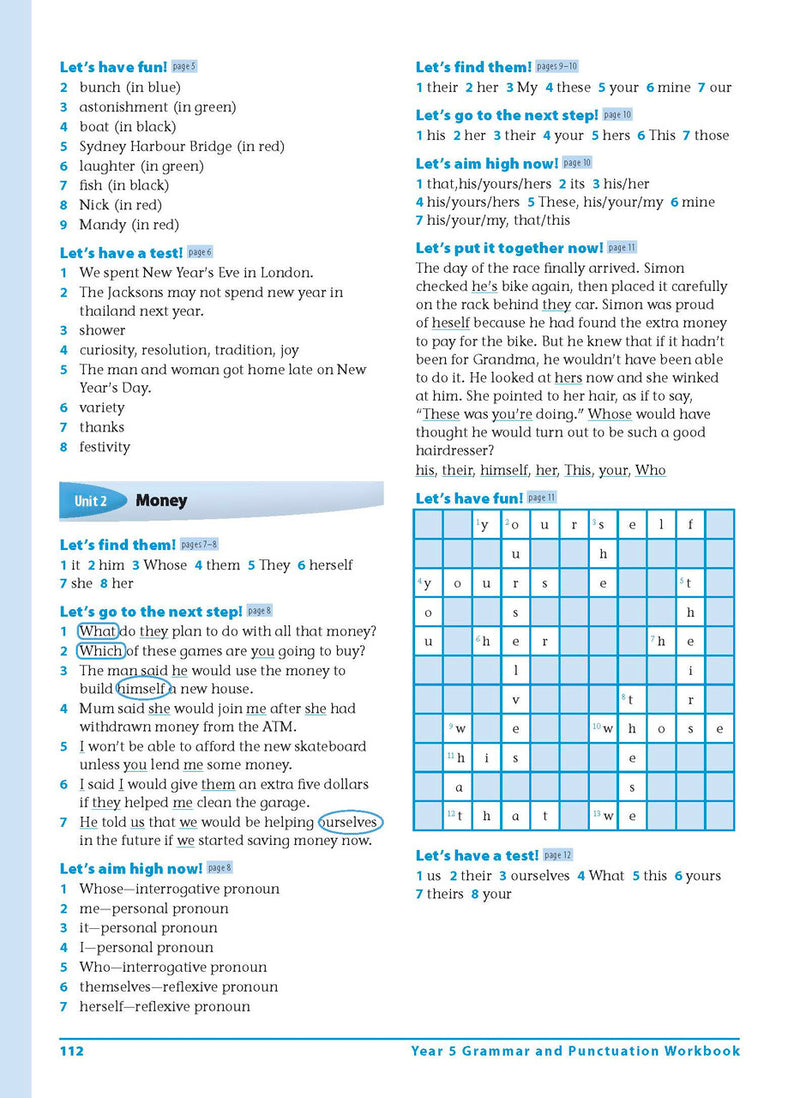 Sample interior page 112 from Excel Grammar and Punctuation Workbook Year 5 showing the workbook's English activities and questions