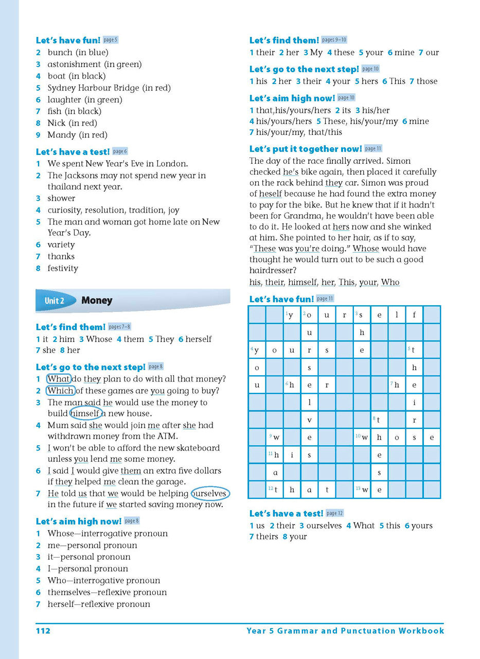Sample interior page 112 from Excel Grammar and Punctuation Workbook Year 5 showing the workbook's English activities and questions