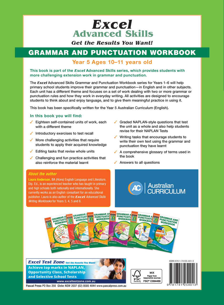 Back cover of Excel Grammar and Punctuation Workbook Year 5 with the publisher's summary of what the workbook covers