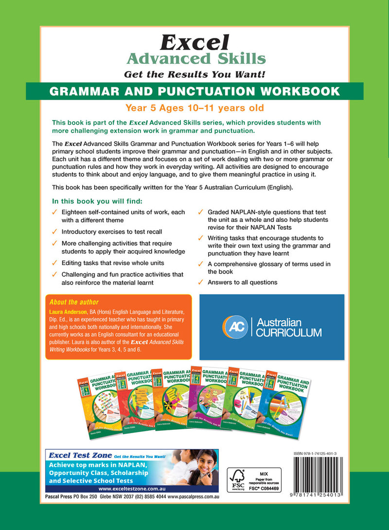 Back cover of Excel Grammar and Punctuation Workbook Year 5 with the publisher's summary of what the workbook covers