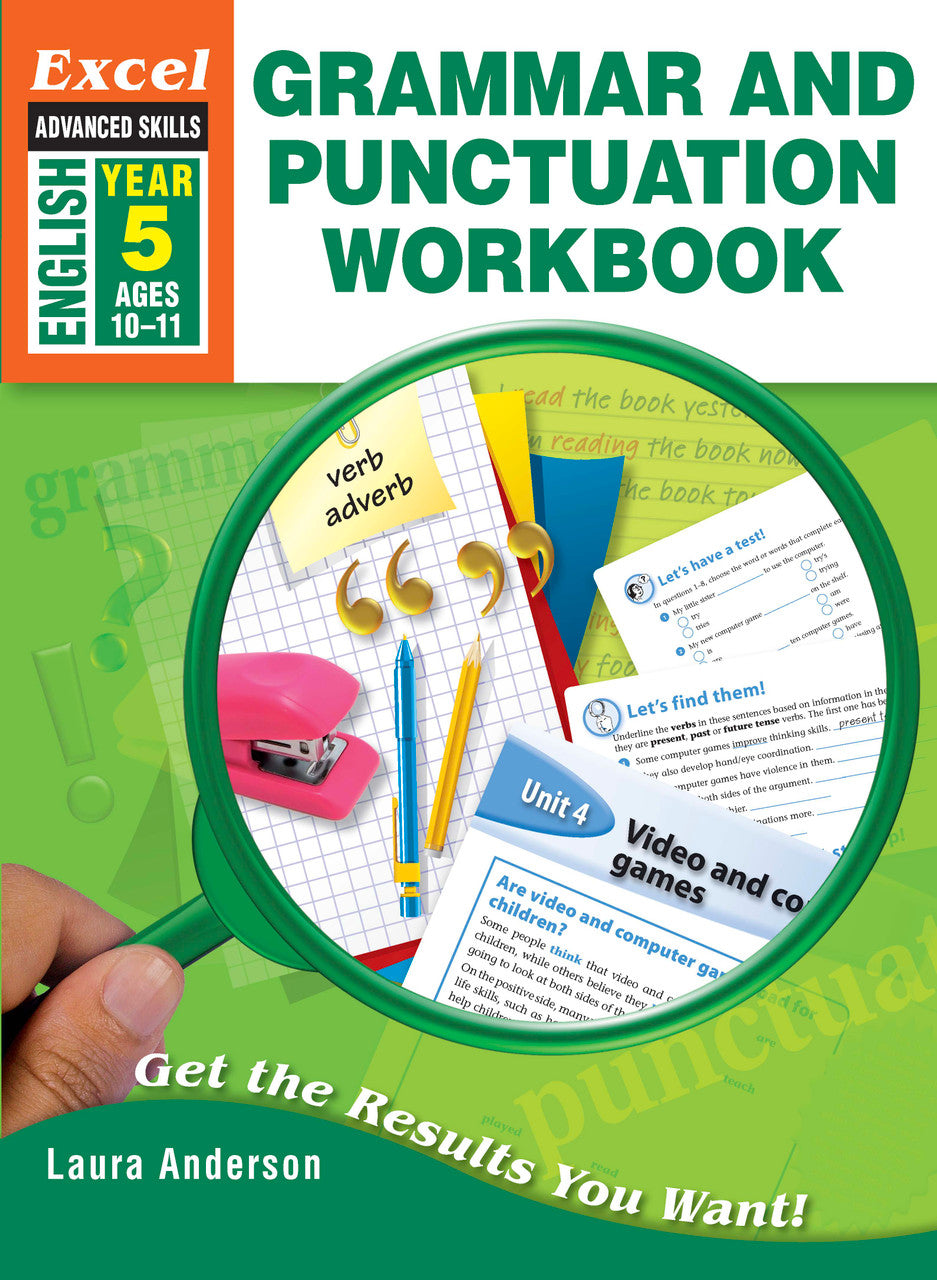 Front cover of Excel Grammar and Punctuation Workbook Year 5, showing the Excel Advanced Skills series branding, title and year level