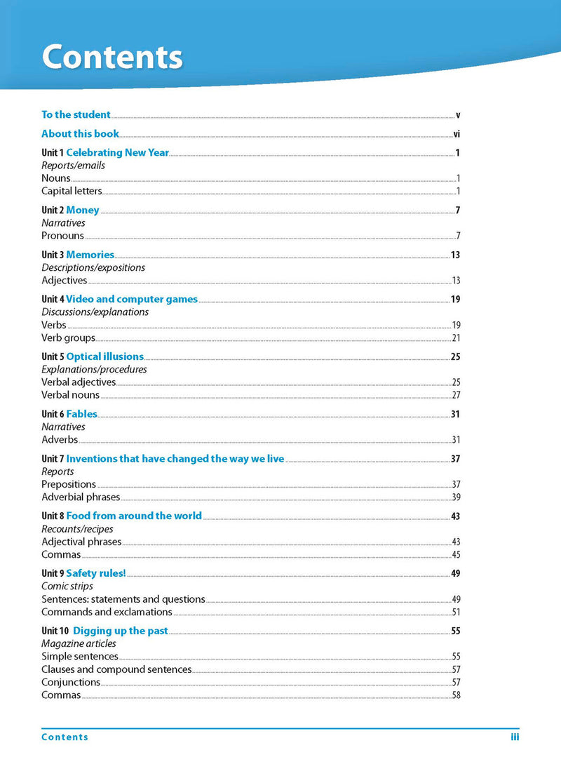 Contents page iii of Excel Grammar and Punctuation Workbook Year 5 listing the themed units, glossary and answers section