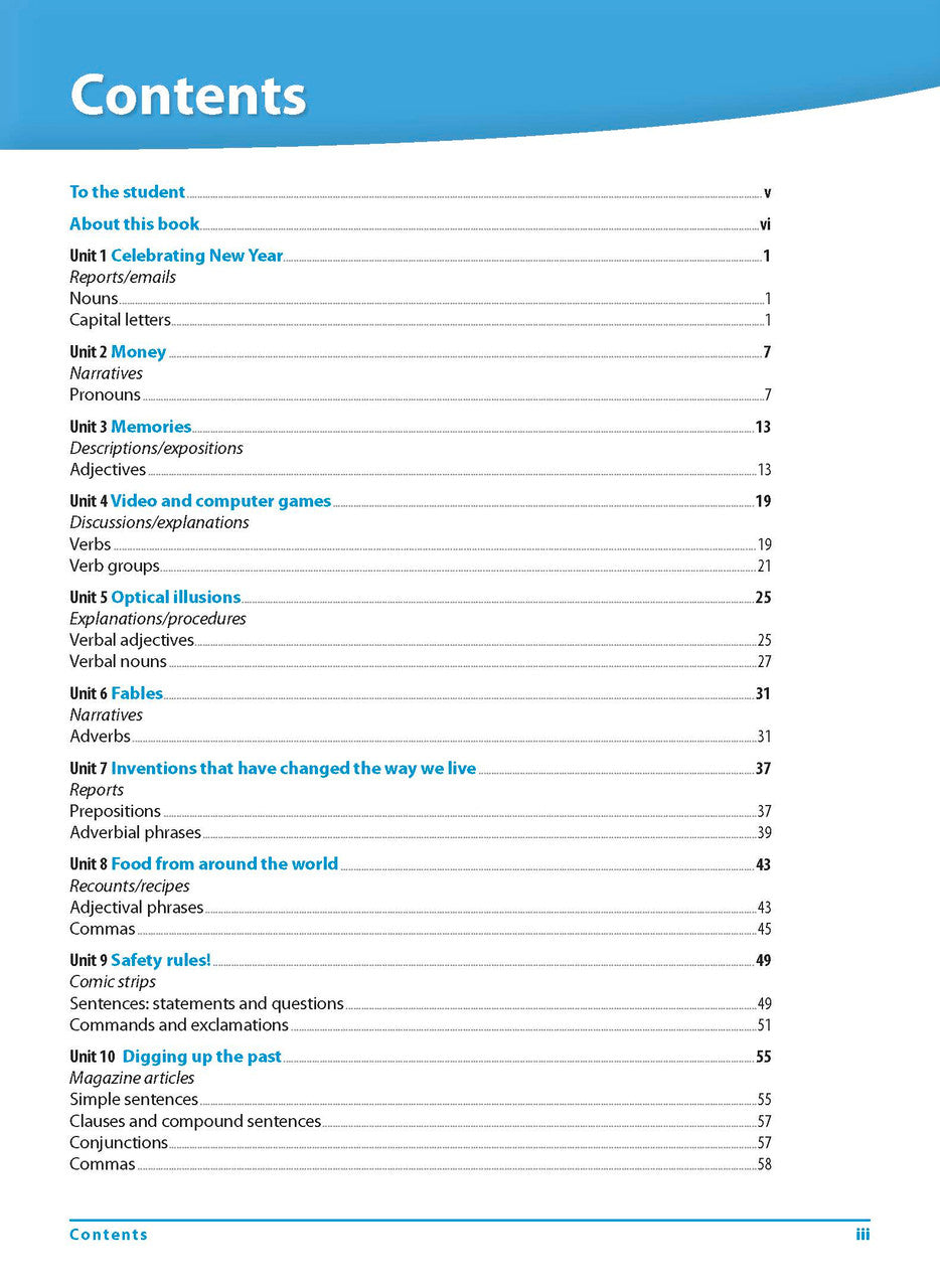 Contents page iii of Excel Grammar and Punctuation Workbook Year 5 listing the themed units, glossary and answers section