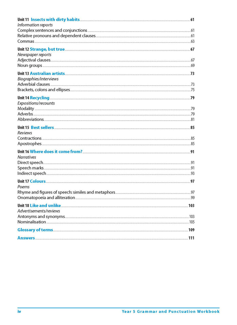 Contents page iv of Excel Grammar and Punctuation Workbook Year 5 listing the themed units, glossary and answers section